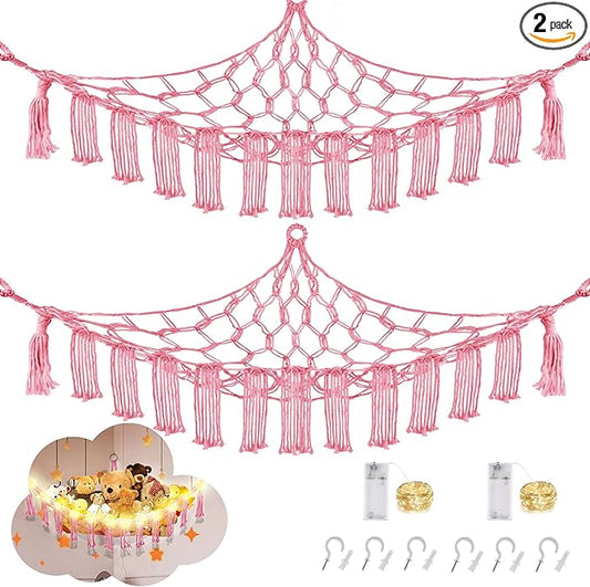 CERETIA Stuffed Animal Hammock with LED Light, Large Stuffed Animals Storage Corner Plushie Net for Kids Room Decor, 2 Packs Pink