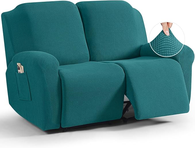 TAOCOCO Recliner Loveseat Slipcover, 6 Pieces Dual Recliner Sofa Covers for 2 Seat Dual Reclining Loveseat Couch, Stretch Soft Jacquard Pattern Furniture Protector with Elasticity (Peacock Blue)