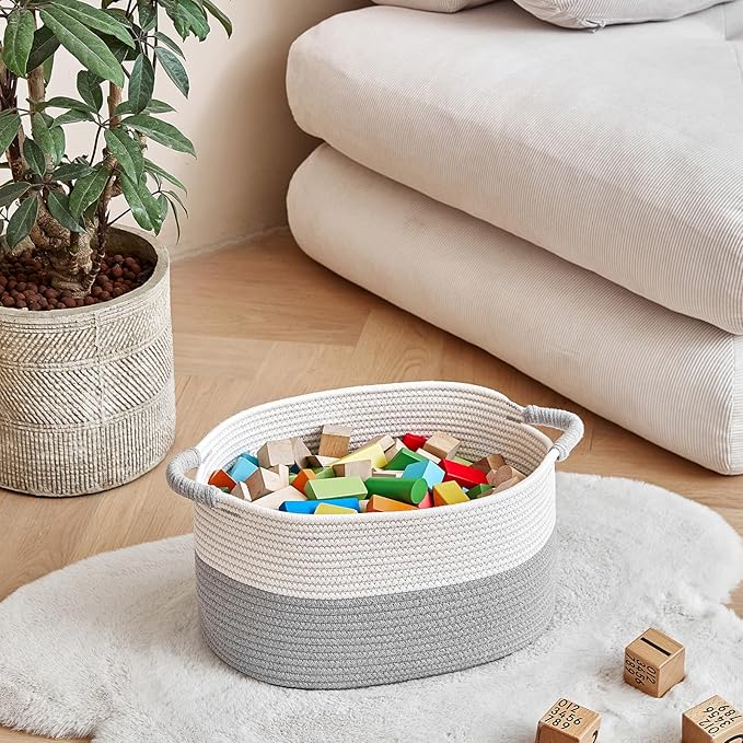 Storage Baskets for Organizing | 15"x10.2"x9.1" - 1 Pack Nursery Bin with Handles - Woven Cotton Rope Baskets for Dog Toys, Books, Shelf, Bathroom,Closet -Stylish Storage |White & Grey
