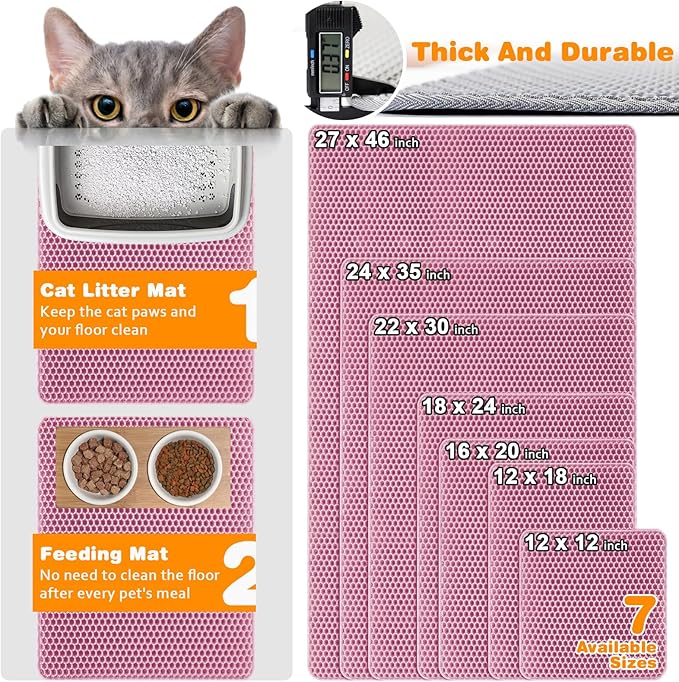 blissstorm Waterproof Cat Litter Mat, Double Layer EVA, Odor-Free Large Grid, Urine Proof, Easy Cleanup 24 x 35, Pink