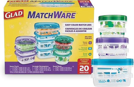 Glad GladWare MatchWare Food Storage Containers with Lids, Reusable Plastic Containers Variety Pack for Lunch, Meal Prep, and Leftovers, Leak Resistant, Microwave and Dishwasher Safe, 20 Piece Set