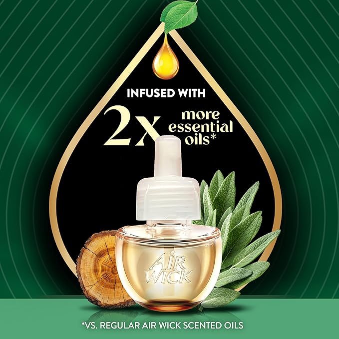 Air Wick Vibrant Plug In Scented Oil Refill, Infused with Essential Oils, Plug In Air Fresheners for Home, White Sage & Mahogany, 4 ct