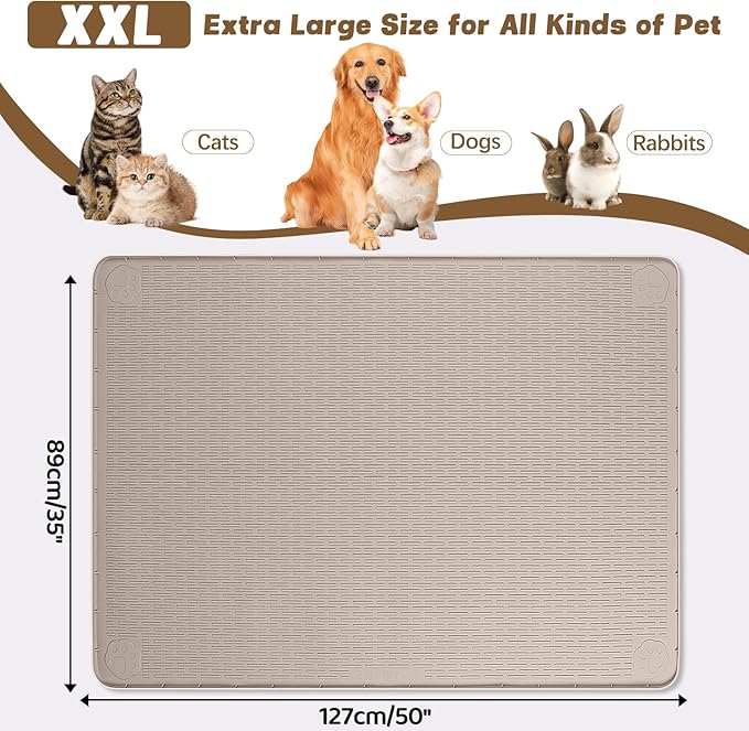 Bartuke Cat Food Mat, 50" x 35" Extra Large Silicone Pet Feeding Mat with Raised Edge Pet Placemat for Food and Water Bowl Non-Slip, Easy to Clean, Floor Protection (Khaki)
