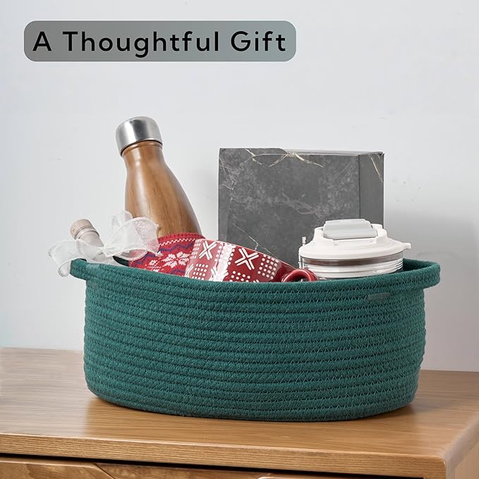 Small Woven Gift Basket Empty with Bag & Ribbon - Gifts for Mom, Baby Shower, Birthdays & Raffle - Cotton Rope Storage Basket for Dog Toys or Shelf - 12"x8"x5", Green