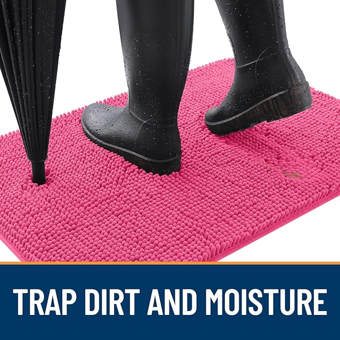 OLANLY Dog Door Mat for Muddy Paws 54x24, Absorbs Moisture and Dirt, Absorbent Non-Slip Washable Doormat, Quick Dry Chenille Mud Mat for Dogs, Entry Indoor Entryway Carpet for Inside Floor, Hot Pink