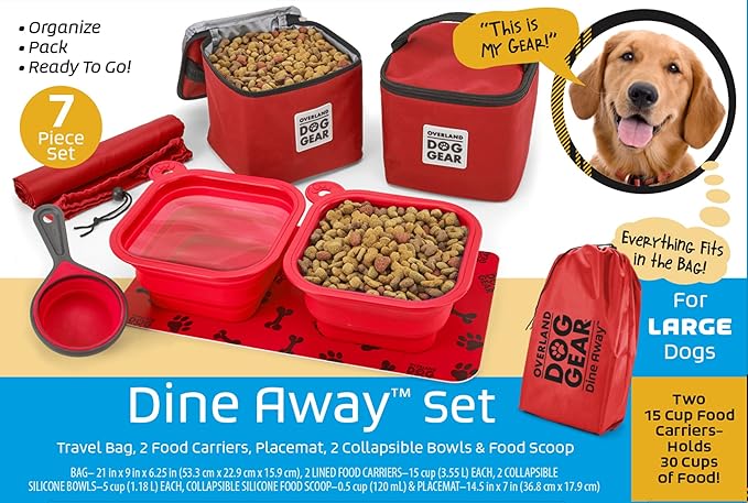 Mobile Dog Gear, Dine Away Dog Travel Bag for Medium and Large Dogs, Includes Lined Food Carriers and 2 Collapsible Dog Bowl, Collapsible Scooper and Placemat, Red