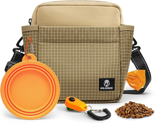 WILDOMS Dog Treat Pouch – Large Capacity with Magnetic Closure, Dog Walking Fanny Pack Built-in Poop Bag Dispenser, Clicker & Collapsible Bowl for Training & Walking - Khaki