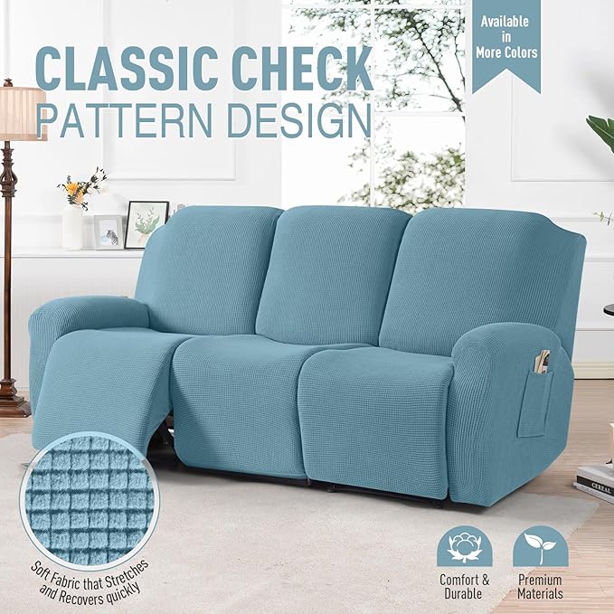 TAOCOCO Recliner Sofa Covers 8-Pieces Stretch Large Couch Covers for 3 Seats Reclining Slipcovers Soft Jacquard Pattern Furniture Protector (Dusty Blue)