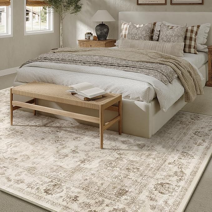 10x12 Neutral Area Rug Beige Vintage Living Room Bedroom Washable Carpet Non-Slip Soft Low Pile Farmhouse Indoor Large Throw Rug for Dining Room Office