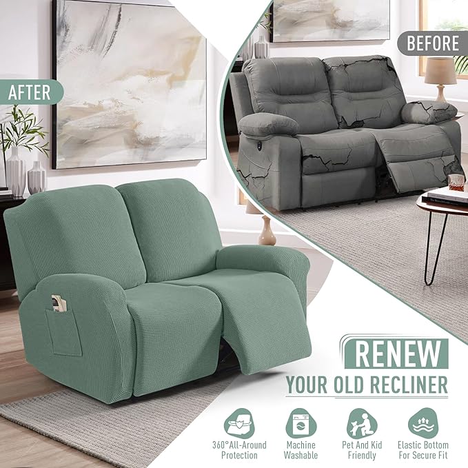 TAOCOCO Recliner Loveseat Slipcover, 6 Pieces Dual Recliner Sofa Covers for 2 Seat Dual Reclining Loveseat Couch, Stretch Soft Jacquard Pattern Furniture Protector with Elasticity (Sage Green)