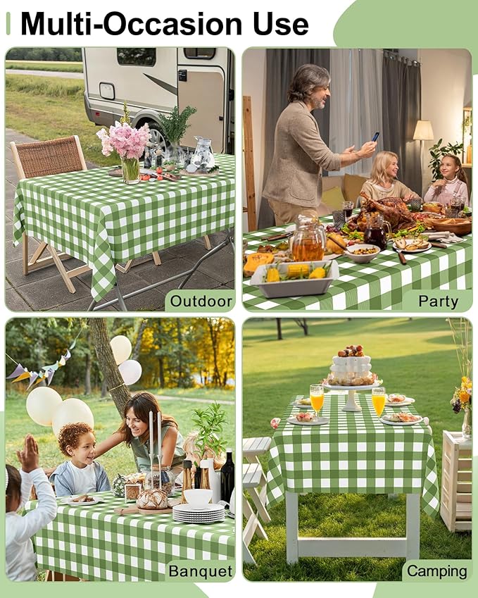 Smiry 8 Packs Gingham Disposable Table Cloth, 54 x 108 Inch Waterproof Plastic Tablecloth, Rectangle Sage Green and White Checkered Table Covers for Picnic, Birthday, Party