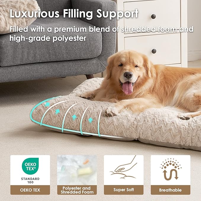 EHEYCIGA Washable Medium Dog Bed for Crate 29x21 Inch, Reversible Kennel Pad for Dogs Weight Up to 35 lbs, Plush and Comfy Pet Sleeping Mat, Beige