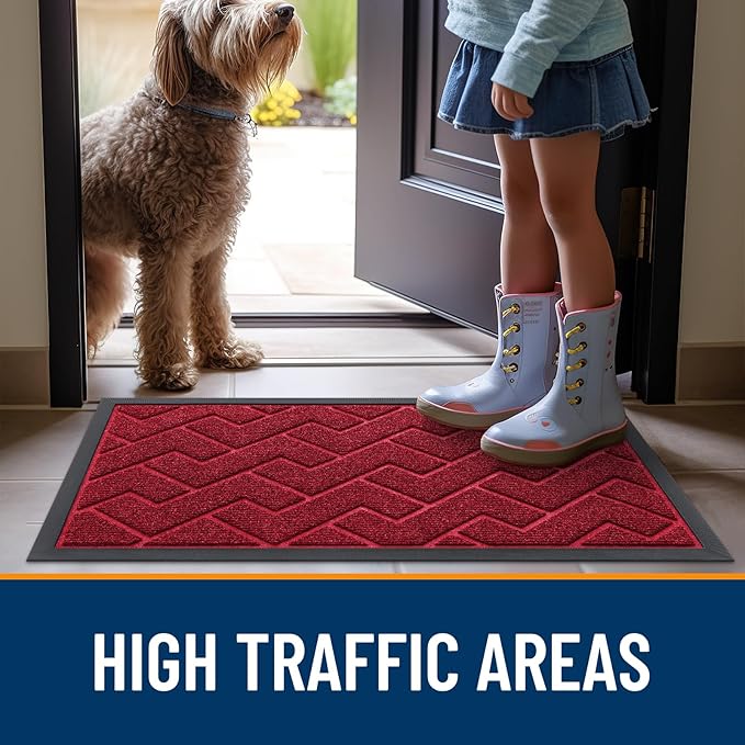OLANLY Front Door Mat Indoor Outdoor Entrance, Waterproof All-Season, All-Weather Doormat, Sturdy Natural Rubber, Low Profile, Easy Clean Patio Porch Entryway Mat, Herringbone Brick (Wine Red, 35x23)