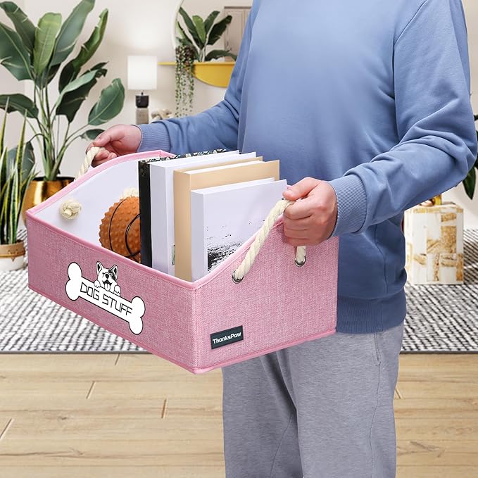 Collapsible Fabric Dog Toy Box and Storage Bin With Handle - Trapezoid Basket Chest Organizer for Pet Toys, Blankets and Accessories, Pink