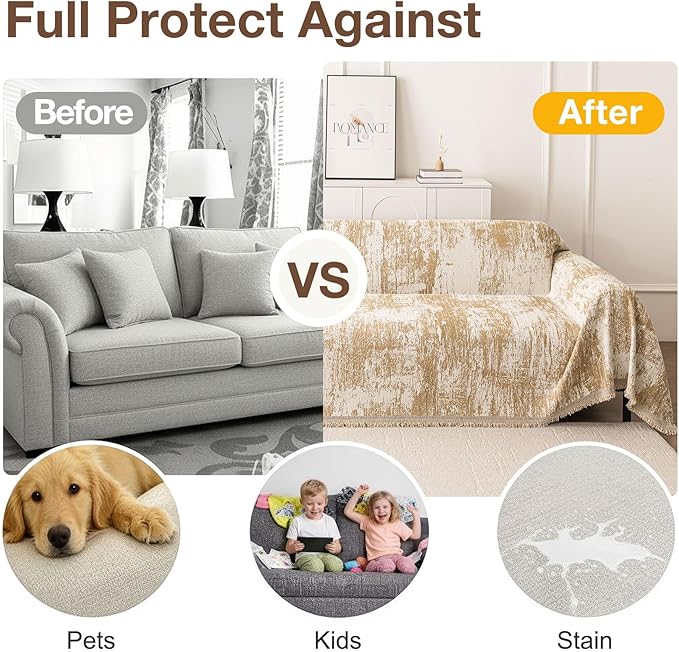 hyha Couch Cover for Dogs, Boho Sofa Covers for 3 Cushion Couch Washable, Chenille Sofa Slipcover for Pets, Soft Loveseat Sectional Couch Throw Blankets with Tassels (Khaki/White, 71x118 Inch)