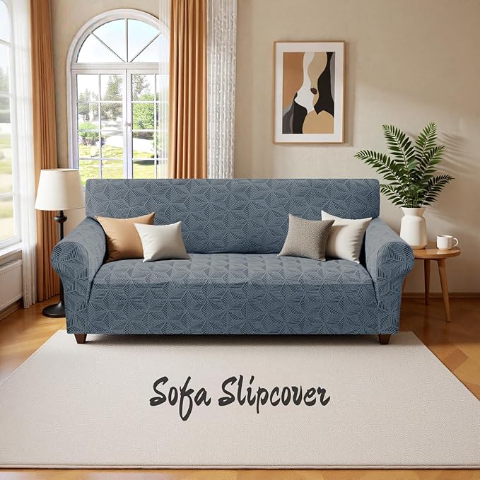 YEMYHOM 1 Piece Stretch Couch Covers for 3 Cushion Couch, Jacquard Sofa Cover with Non-Slip Elastic Bottom, Thickened Slipcover Furniture Protector for Dogs Pets (Large, Dark Gray）
