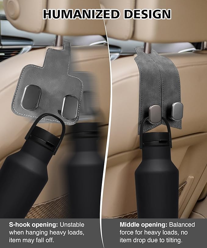 Car Hooks for Headrest, Purse Hook for Car, Car Seat Hooks Purse Hanger for Car 100% Metal & Premium Leather 2025 Latest Car Organization Accessories for Bags, Purses, Phones etc (Grey 2Pcs)