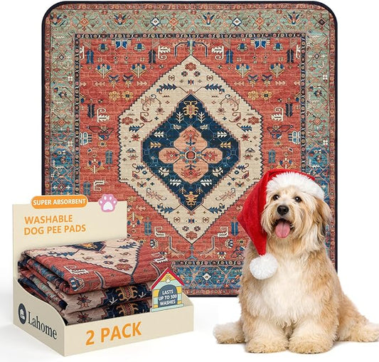 Lahome Super Absorbent Washable Pee Pads for Dogs - Secure Floor Protection - Non-Slip, Leakproof Reusable Pads for Training, Crates & Playpens (2 Pack, 36"x36", Red)
