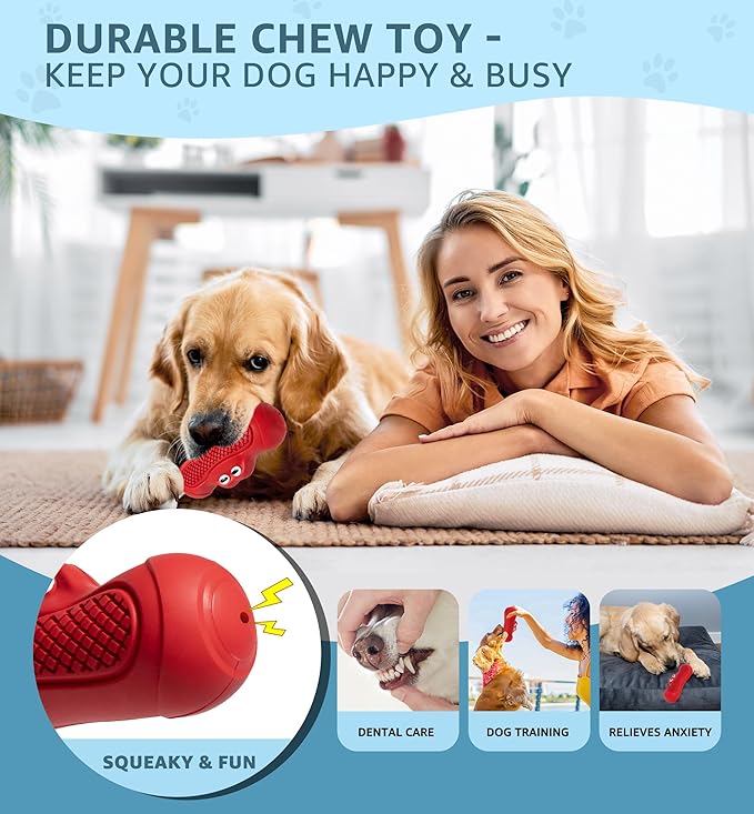 IPTPAS Durable Dog Chew Toy for Aggressive Chewers, Tough Natural Rubber Squeaky Dog Toy with Irresistible Beef Flavor, Dental Care, Teeth Cleaning & Boredom Relief for Medium & Large Dogs (Red)
