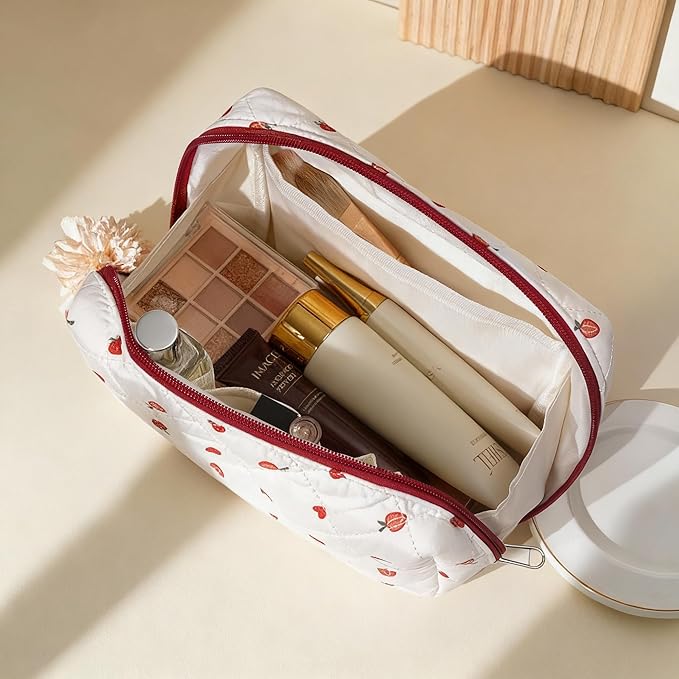 TOPEAST Christmas Gifts for Women Girls - 3Pcs Makeup Bag Large Cotton Travel Make Up Organizer, Quilted Toiletry Pouch Portable Cosmetic Bags with Compartment, Strawberry