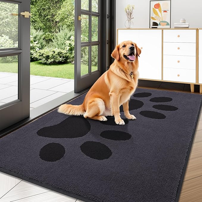 Buganda Dog Door Mat for Muddy Paws, Absorbent Dirt Trapper Washable Indoor Doormats, Non Slip Low-Profile Mud Mat for Dogs, Front Entrance Doormat for Inside Floor (47x32 Inches, Black)