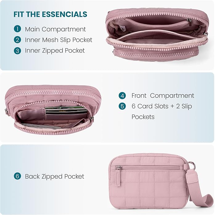 VONAL Wristlet Wallets for Women Nylon Quilted Wallet with 3 Zipper Purse for Travel Credit Card Holder Phone Organizer
