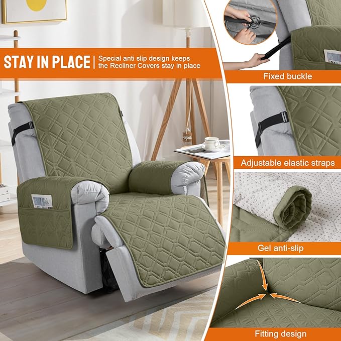 VANSOFY 100% Waterproof Recliner Chair Covers, Recliner Cover Non-Slip Dog Chair Cover Furniture Protector Washable Slipcover with Pocket, Elastic Straps for Pets, Dogs(Olive Green, 25")