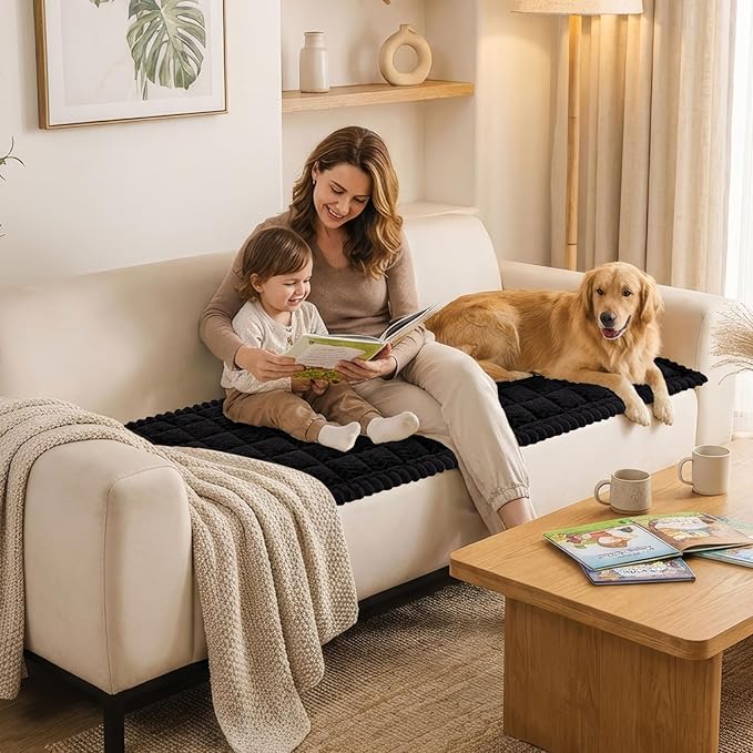 Smiry Non Slip Couch Covers for Dogs, Fuzzy Pet Couch Covers for 3 Cushion Sofa Pet Friendly, Soft Sofa Slipcovers Cushion Furniture Protector Washable (Black, 35.4" x 88")