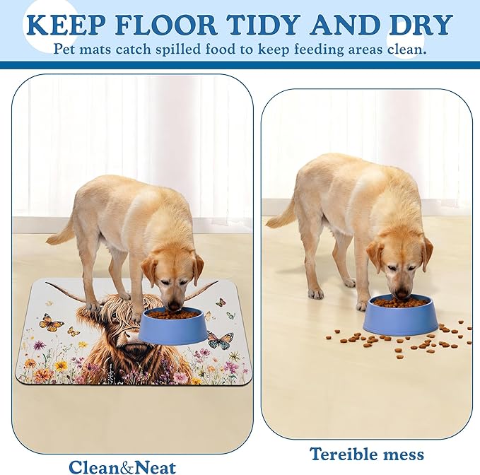 Highland Cow Butterfly Dog Food Mat–Christmas Stocking Absorbent Quick Dry Feeding Placemat for Food and Water Bowls, Non Slip Rubber Backing, Waterproof Pet Supplies for Mess-Free Eating 12"x20"