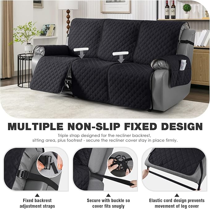 TAOCOCO 100% Waterproof Recliner Couch Covers, Recliner Sofa Covers with Leg Straps, 1-Piece Washable Reclining Sofa Cover with Pocket Couch Protector for Pets Kids(3 Seater, Black)
