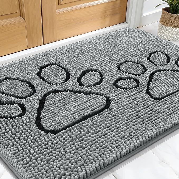 OLANLY Dog Door Mat for Muddy Paws 32x20, Double Paw Print Design, Absorbs Moisture and Dirt, Absorbent Non-Slip Washable Doormat, Quick Dry Chenille Mud Mat for Dogs, Indoor Entryway Carpet, Grey