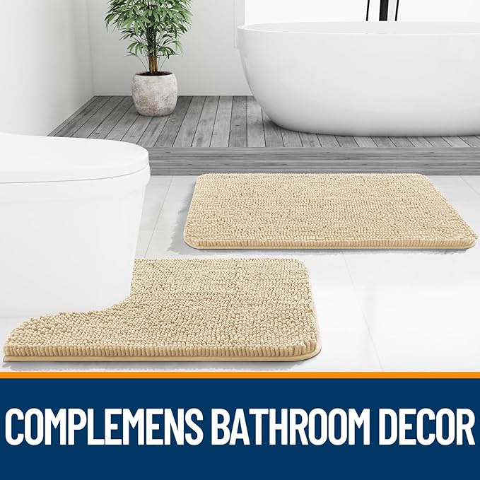 OLANLY Toilet Rugs U-Shaped 24x20, Extra Soft Absorbent Chenille Contour Bathroom Rugs, Dry Quickly, Machine Washable, Non-Slip Bath Mat for Toilet Base, Beige