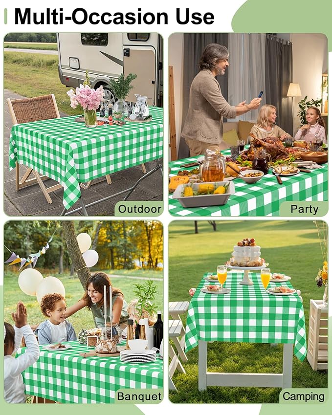 Smiry 8 Packs Gingham Disposable Table Cloth, 54 x 108 Inch Waterproof Plastic Tablecloth, Rectangle Green and White Checkered Table Covers for Party, Birthday, Picnic, Banquet