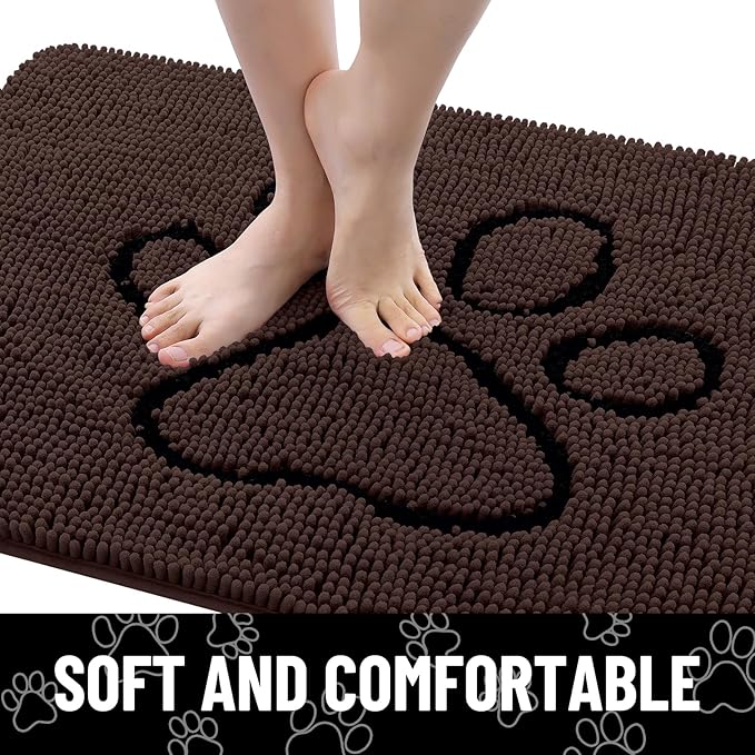 Smiry Dog Door Mat for Muddy Paws, Absorbent Dirt Trapper Non Slip Quick Dry Washable Chenille Mat for Mud Dogs, Entry Rug for Indoor and Outdoor (59x35 Inches, Brown and Black)