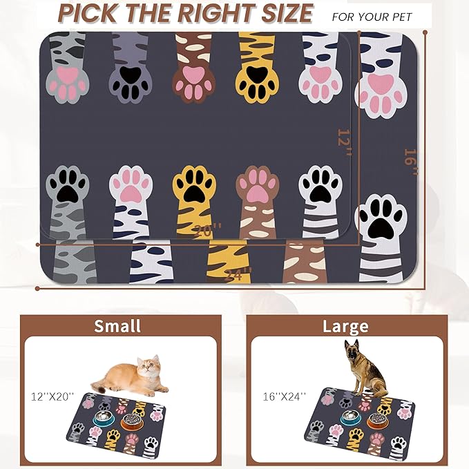 Cute Cat Paw Print Dog Food Mat for Floors,Absorbent Pet Food and Water Bowl Mats,Non-Slip Pet Feeding Mat,Pet Supplies 16" x 24"
