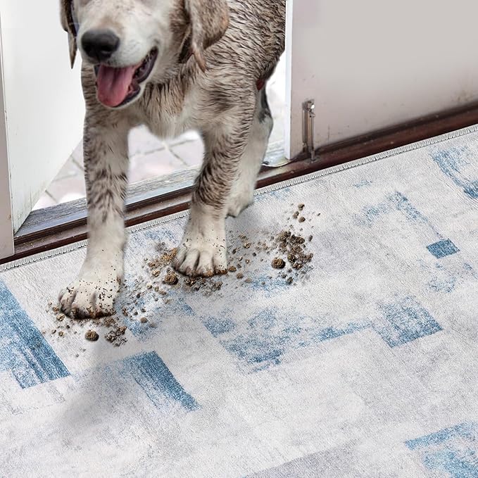 COMSLE Door Mat, Front Door Mat Indoor for Entrance Faux Wool Absorbent Non Slip Modern Throw Rug for Entryway Hallway Muddy Paws - Pet Friendly, 32x48 Inches,Square Blue Machine Washable