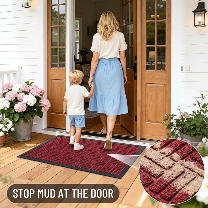 OLANLY Front Door Mat Outside Entrance 47x17, Absorbent, Heavy Duty Sturdy Natural Rubber Doormat Indoor Outdoor, Non-Slip, Stain and Fade Resistant, Low Profile Floor Mat for Entryway, Black Red
