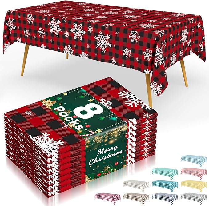 Smiry 8 Packs Buffalo Disposable Table Cloth, 54 x 108 Inch Waterproof Plastic Tablecloth, Rectangle Snowflake Red Checkered Table Covers for Picnic, Christmas, Birthday, Party