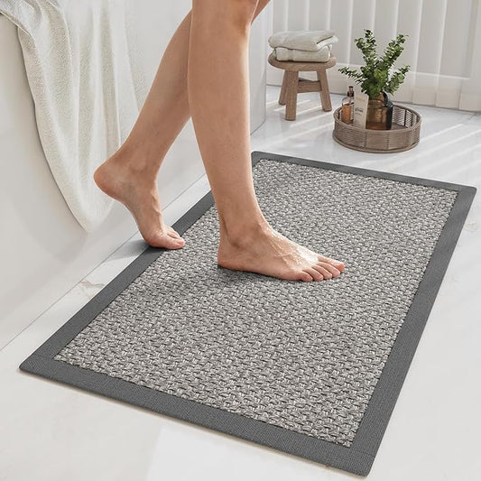 Non Slip Bath Mat Bathroom Rugs, Soft Jute-Like Ultra Thin Bath Mats, Rubber Backing Super Absorbent Quick Dry Bath Rug Shower Mat Fit Under Door Bathroom Floor, Machine Washable, Gray 16" x 24"