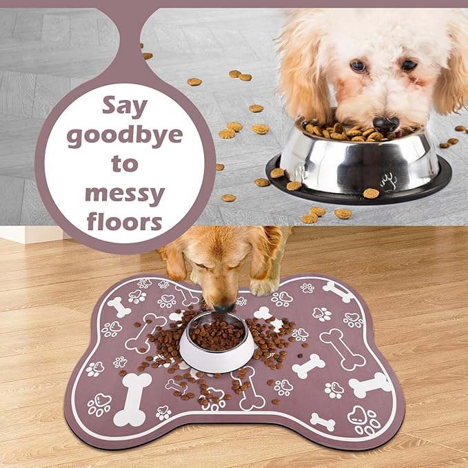 Dog Cat Mat for Food and Water,Rapid Absorbent Pet Feeding Mat, Bone Shaped Dog Placemat Bowl Mat with Rubber Backing,No Stains Pet Food Mats Indoor, Pet Accessories Supplies,Brown 17"×29"