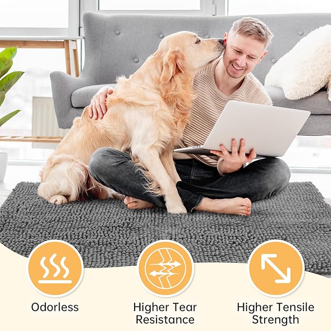 Absorbent Dog Door Mat for Muddy Paws, 72" x 36" Chenille Indoor Mats for Entryway, Trap Dirt Front Door Mat Indoor Entrance Washable Non Slip Soft Light Grey