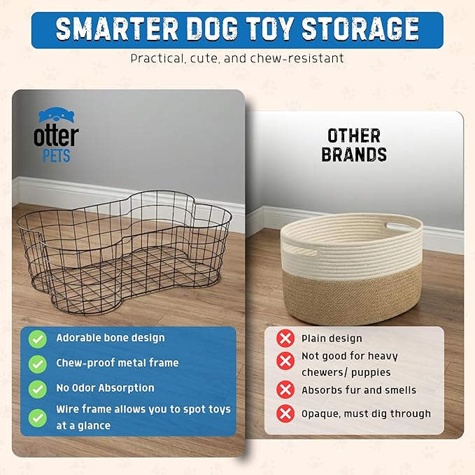OtterPets Metal Dog Toy Basket, Bone Shaped Indestructible Dog Toy Bin, Sturdy Storage Organizer (Large (23"x15"))