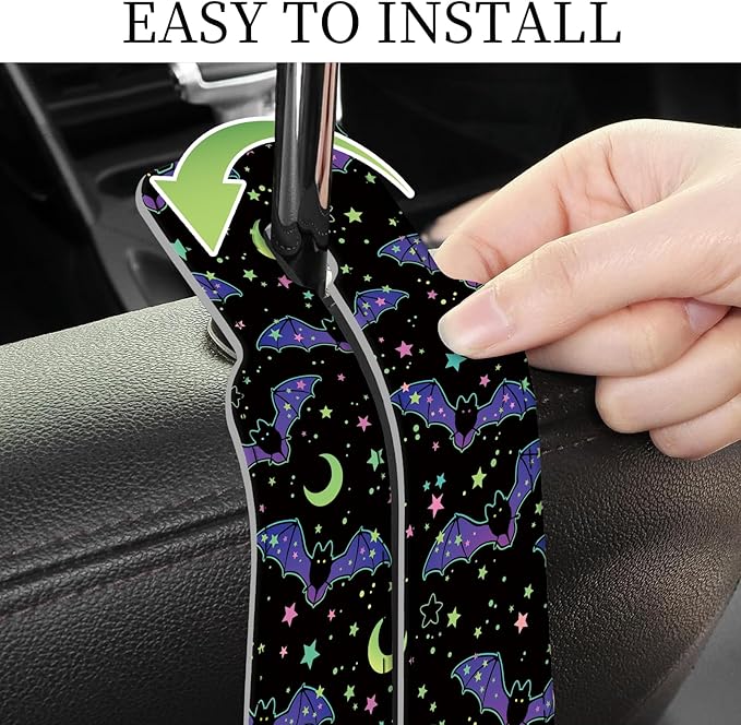 PU Leather Car Seat Hook, Storage Headrest Hanger, Cute Car Backseat Organizer, Car Hooks For Purses and Bags Purple Bat Moon