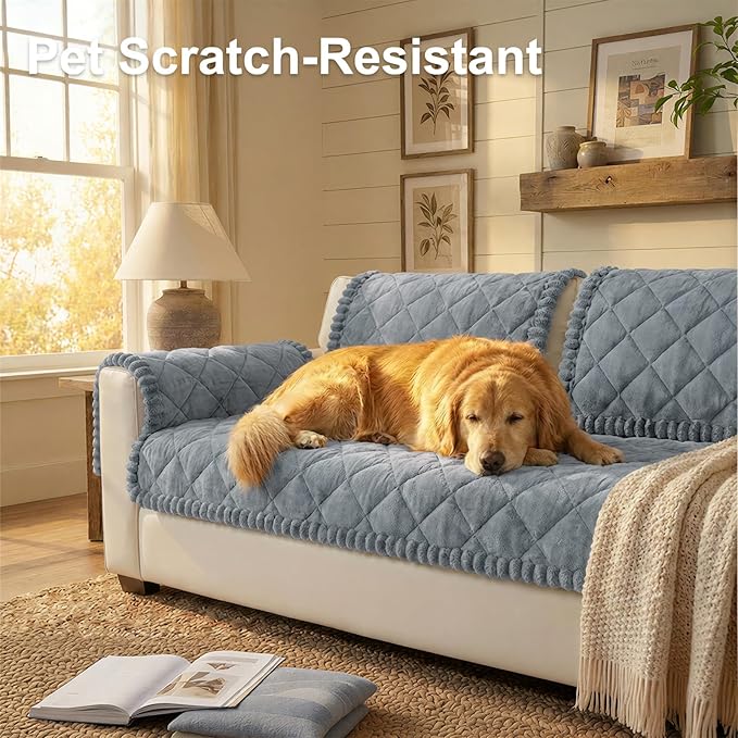 Smiry Fuzzy Couch Cover for Dogs, Non Slip Washable Pet Sofa Cover, Scratch Proof Hair Resistant Plush Sofa Slipcover, Pet Friendly Couch Cushion Protector for Cat, Grey, 27.6" x 70.9"
