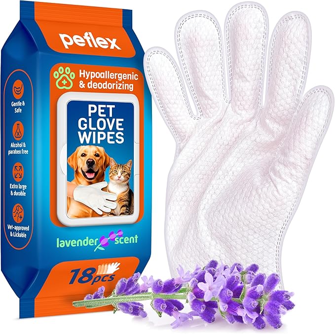 Pet Cleaning Deodorizing Glove Wipes for Dogs and Cats –Suitable for Eyes, Ears, Paws & Body–Hypoallergenic Hydrating & Nourishing–Lavender Scent–Ideal for Daily Care & Travel–18 Count (Lavanda)