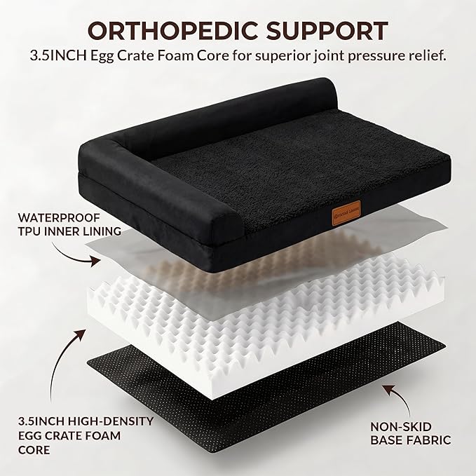 Patas Lague Orthopedic XL Dog Bed Large Sized Dog 48''X30'', Waterproof L Bolster Big Large Pet Sofa Beds with Removable Washable Cover, Soft Pet Couch Crate Mat with Nonskid Bottom, Black