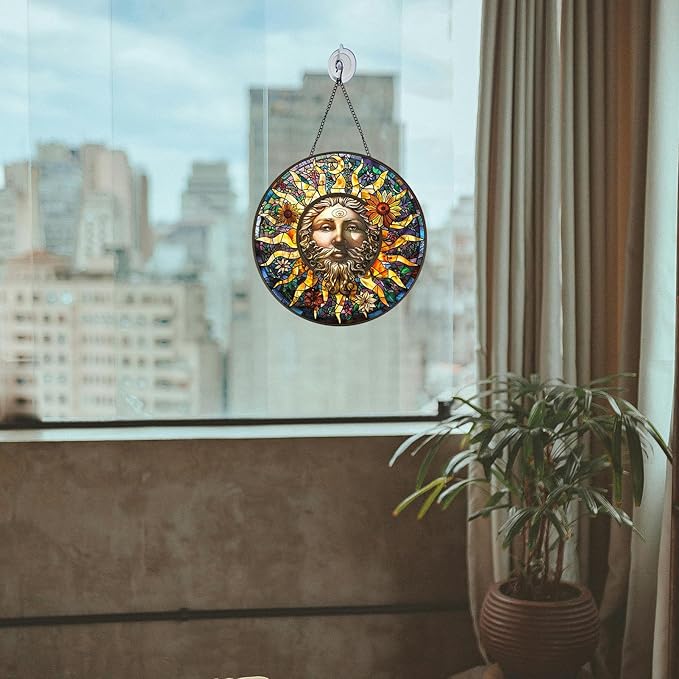 Moon Suncatcher 8 Inch Stained Glass Window Hanging Diamond Chain Hooks – Indoor/Outdoor Window Wall Art Home Décor -Gift for Women Men Valentine's Day Thanksgiving Ornaments Festival Gifts