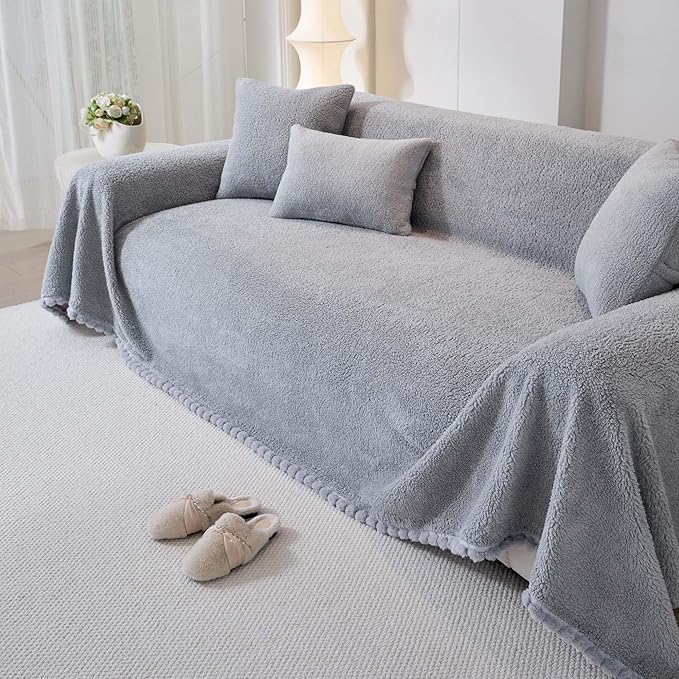 Sherpa Fleece Oversized Couch Cover for 3-4 Cushion Sofa, Grey 71" x 150" - Pet Proof Sofa Covers Heavy Duty Scratch Resistant Pet Friendly Furniture Cover - Easy Install, Machine Washable