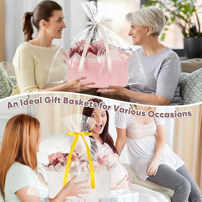 OIASKET Basket for Gifts Empty, Woven Storage Basket with Gift Bag, Ribbon and Wrap Tissue Paper, Small Rope Toy Storage with Handles for Baby Shower, Dog Toy Organizer, 15.5" x 11.4" x 6.7"