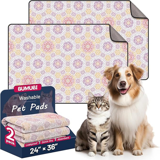 Washable Dog Pee Pads, 24"x36" Reusable Absorbent Dog Pads, Washable, Waterproof & Non-Slip Puppy Pads for Potty Training, Crate, Playpen, Whelping, Mandala Floral Pattern (Pack of 2)